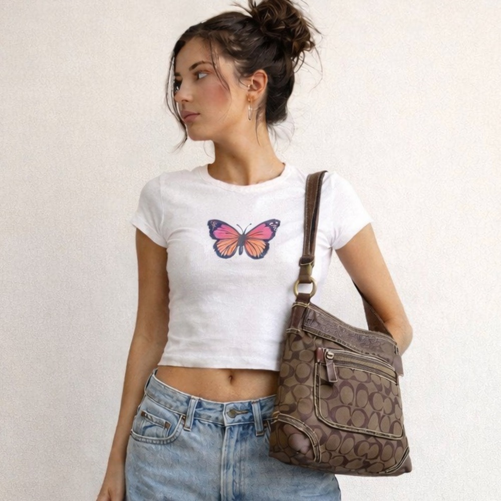 Coach Signature Brown Canvas Hobo Bag Leather Trim Y2K Vintage Crossbody Purse - Picture 8 of 14